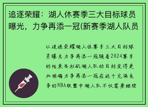 追逐荣耀：湖人休赛季三大目标球员曝光，力争再添一冠(新赛季湖人队员)